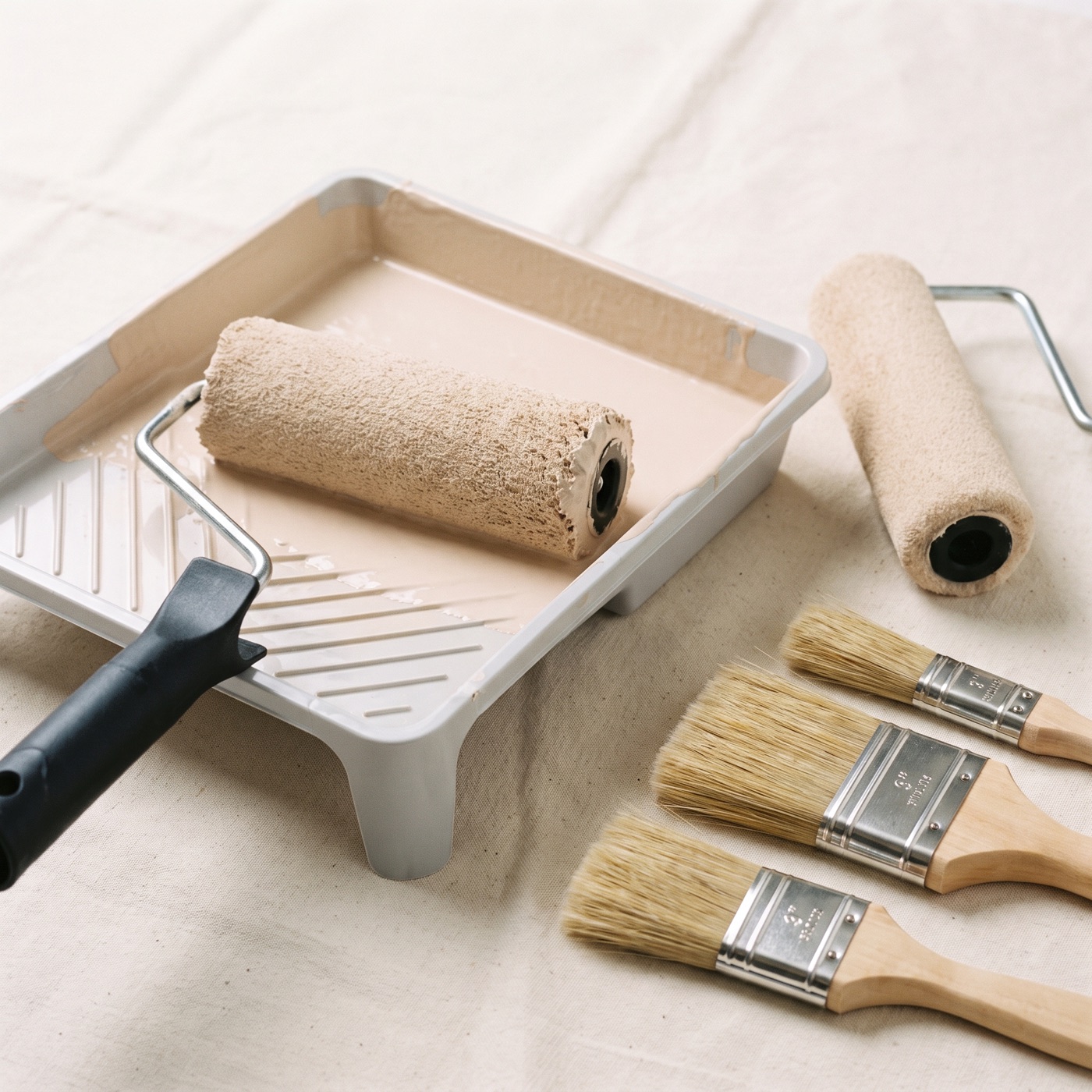 Paint rollers and a tray on a clean drop cloth