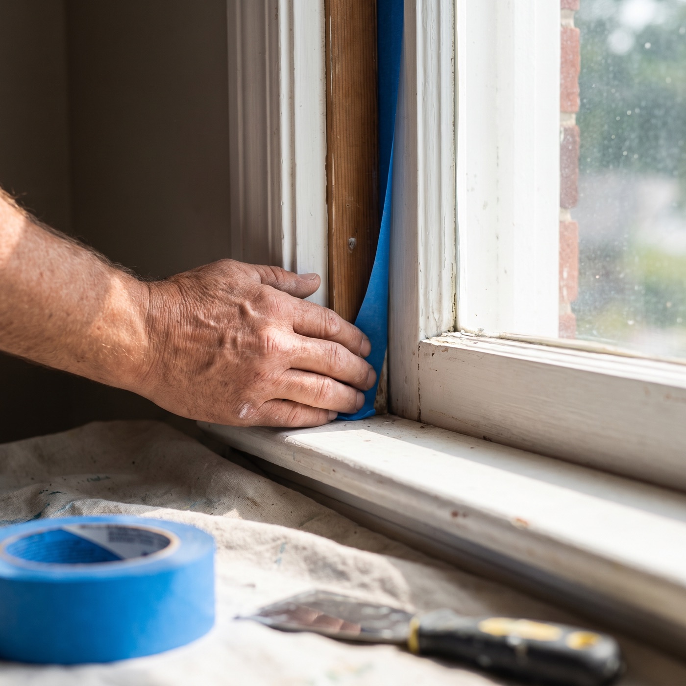 A hand taping off a window frame before painting