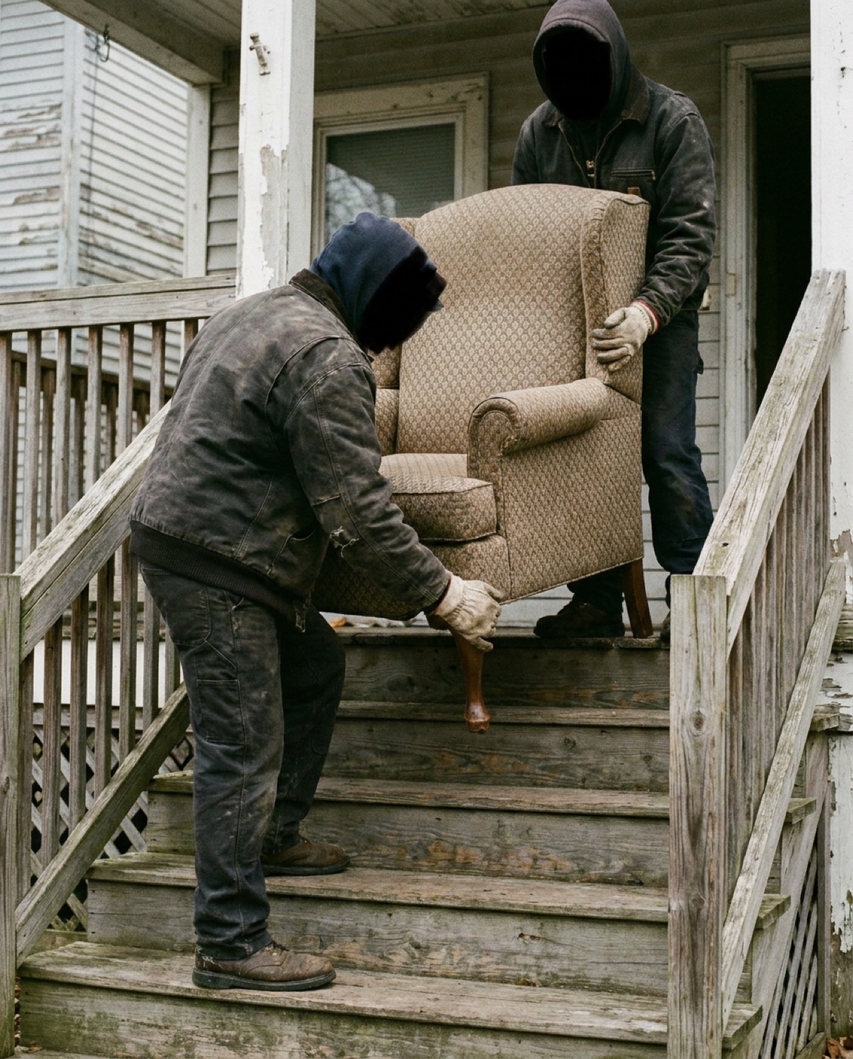 Two workers in gloves carrying a bulky old armchair down wooden porch steps