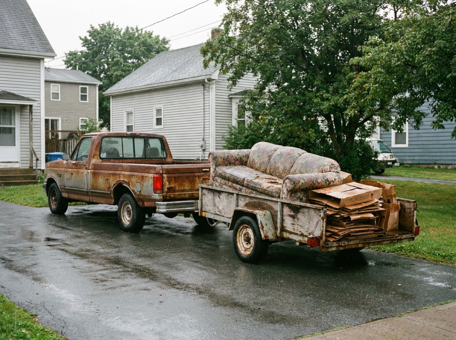 A pickup truck with an open utility trailer half loaded with an old sofa and flattened cardboard in a Dartmouth driveway