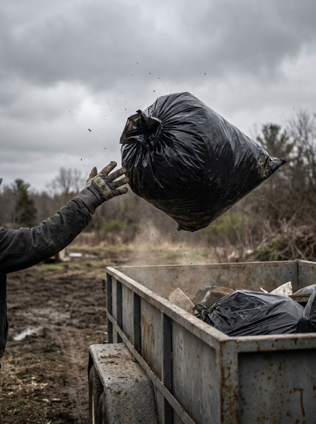 A gloved hand tossing a full contractor bag into the back of an open trailer