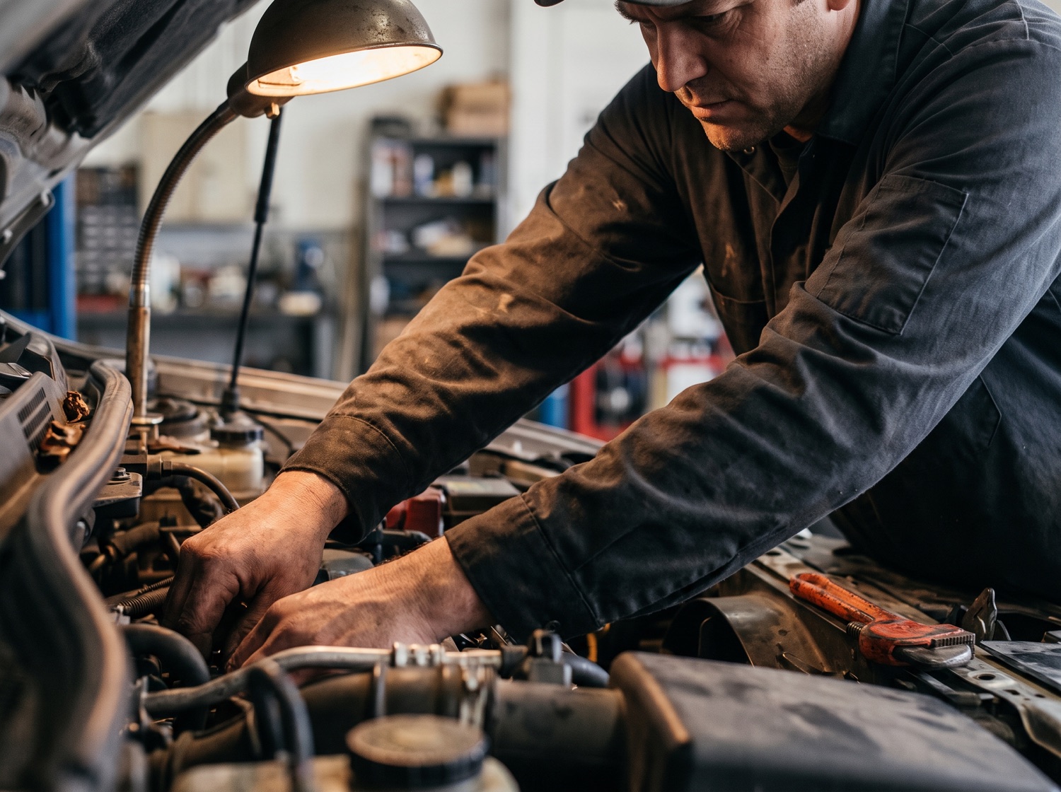 A mechanic at work under the hood