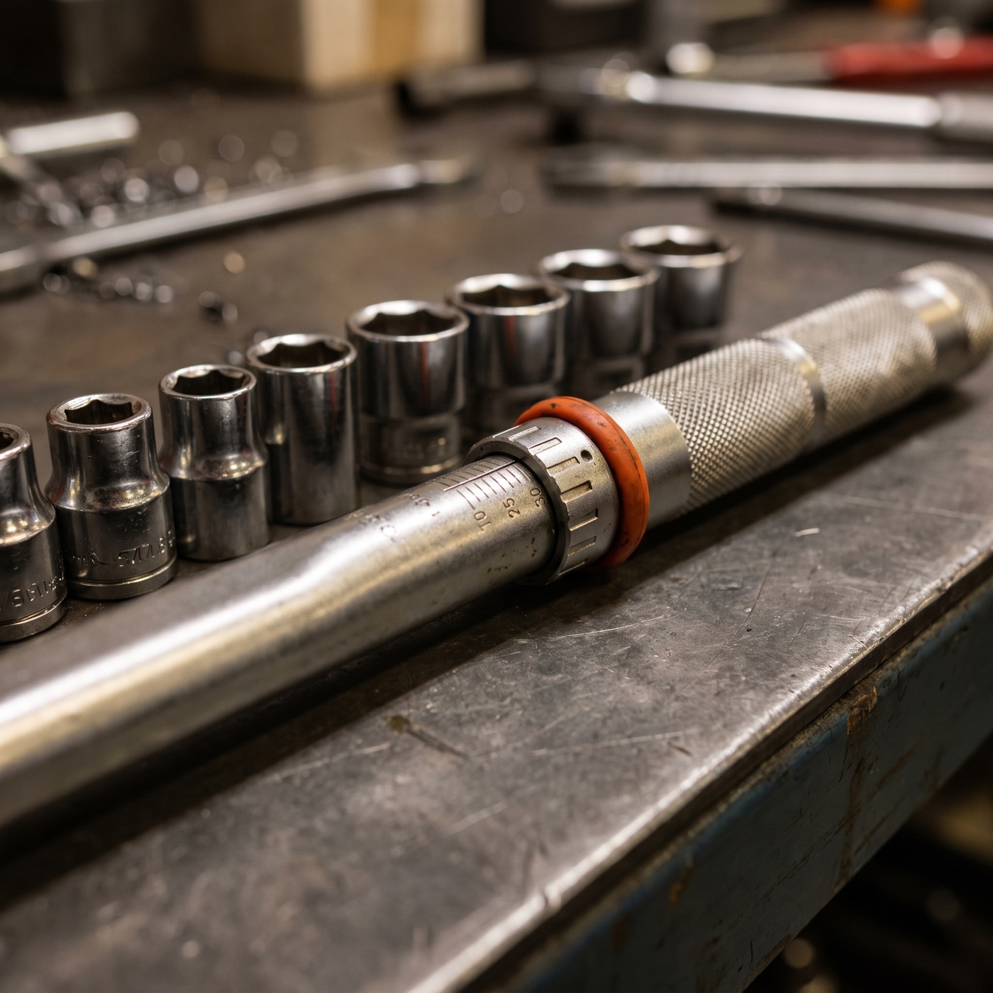 A torque wrench and sockets on the workbench