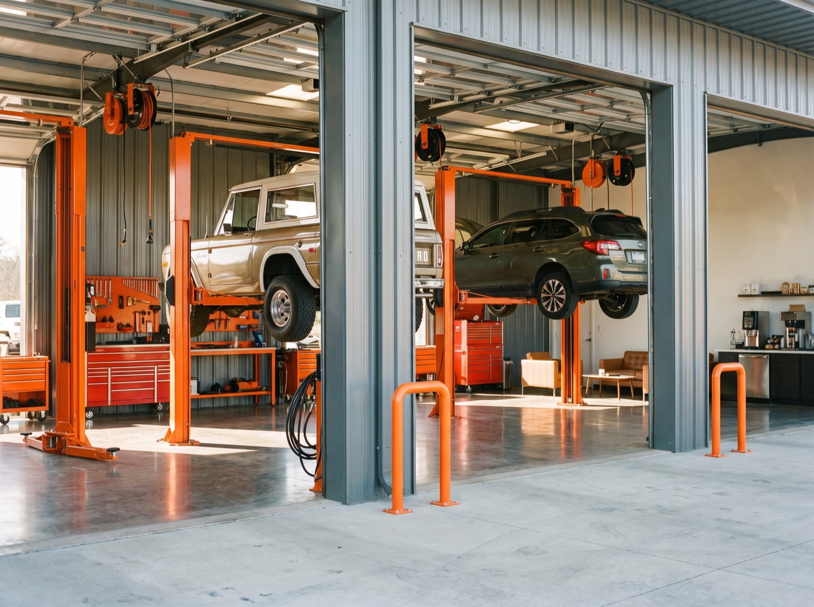 The service bay at Craig's Garage with cars on hydraulic lifts
