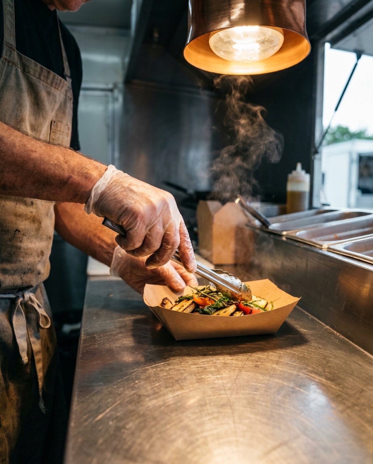 Chef plating a fresh order on the stainless food-truck line