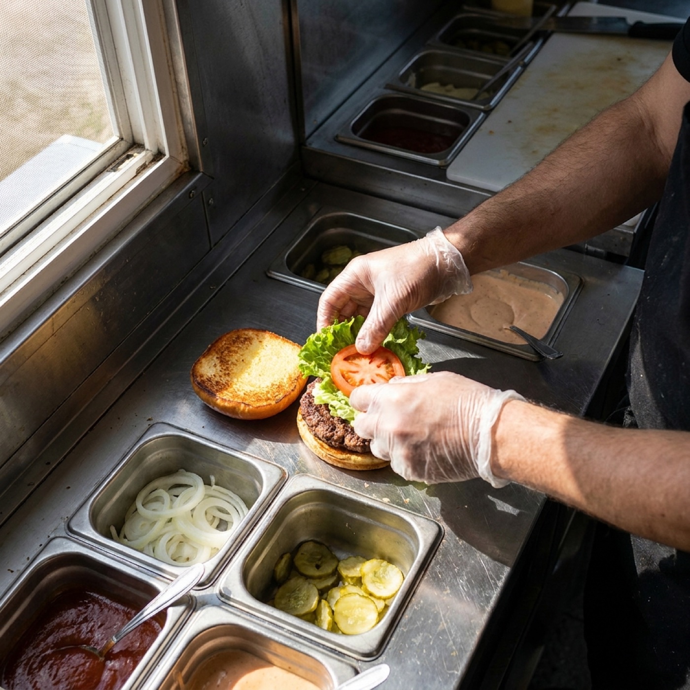 Hands plating fresh food to order inside the food truck