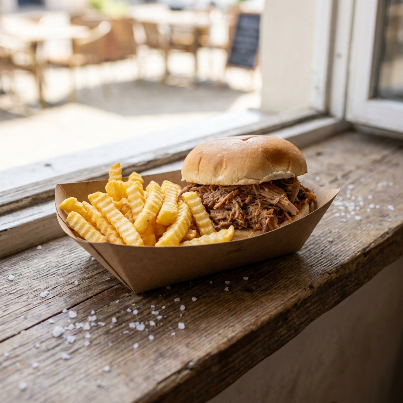 A toasted burger being assembled on the truck prep counter