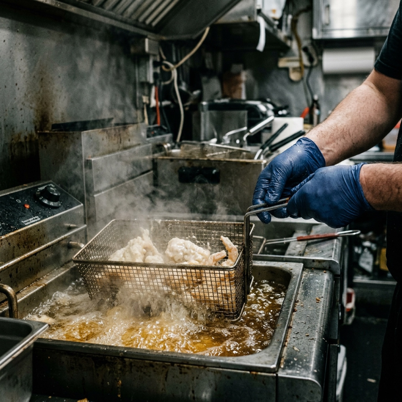 Battered seafood going into the fryer basket inside the truck