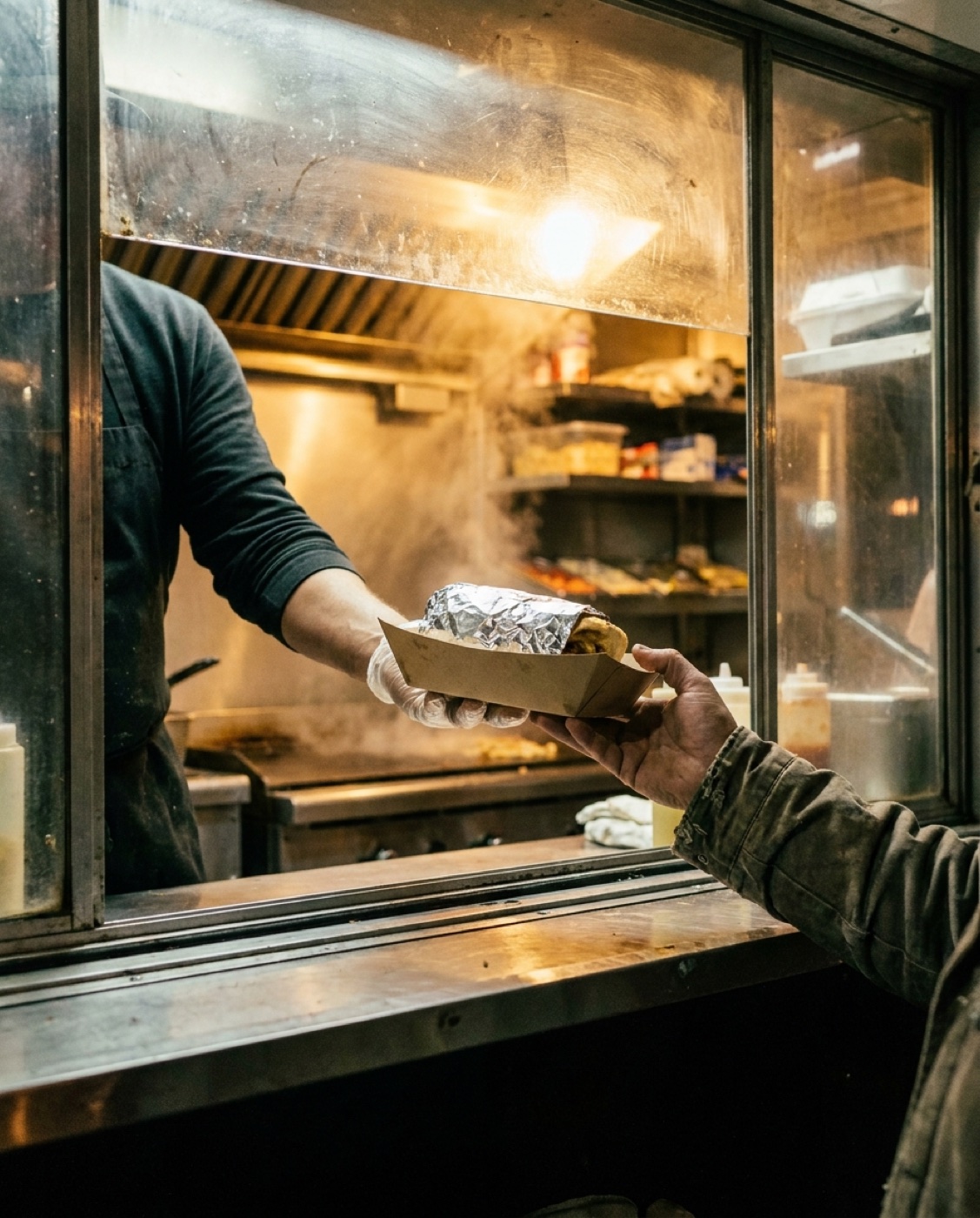 A paper food tray handed from the cook to a customer at the Curbside Eats window