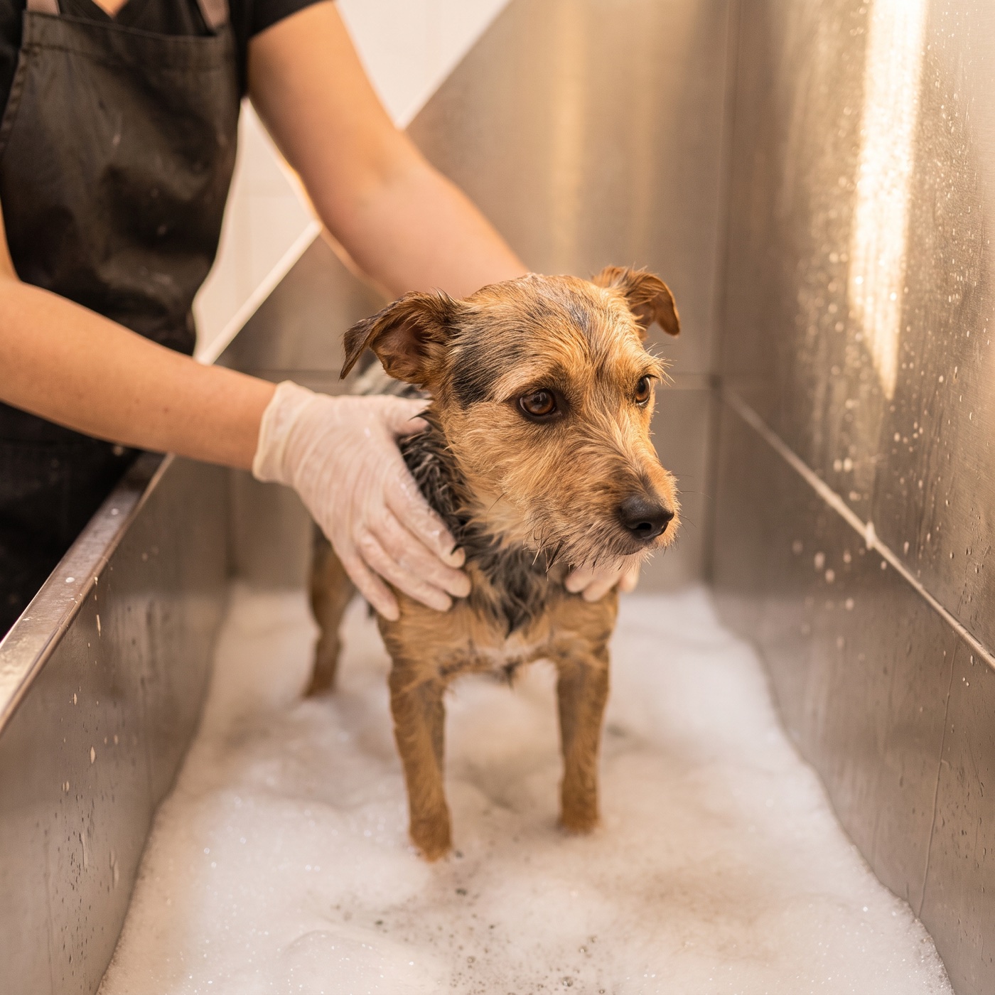 A happy small dog after a bath