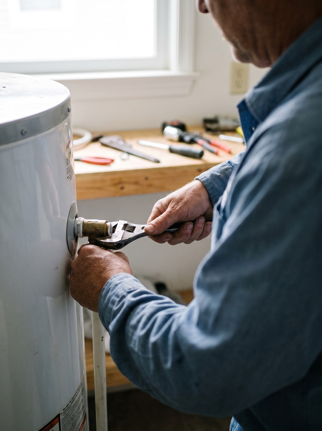 A plumber servicing a water heater with a wrench