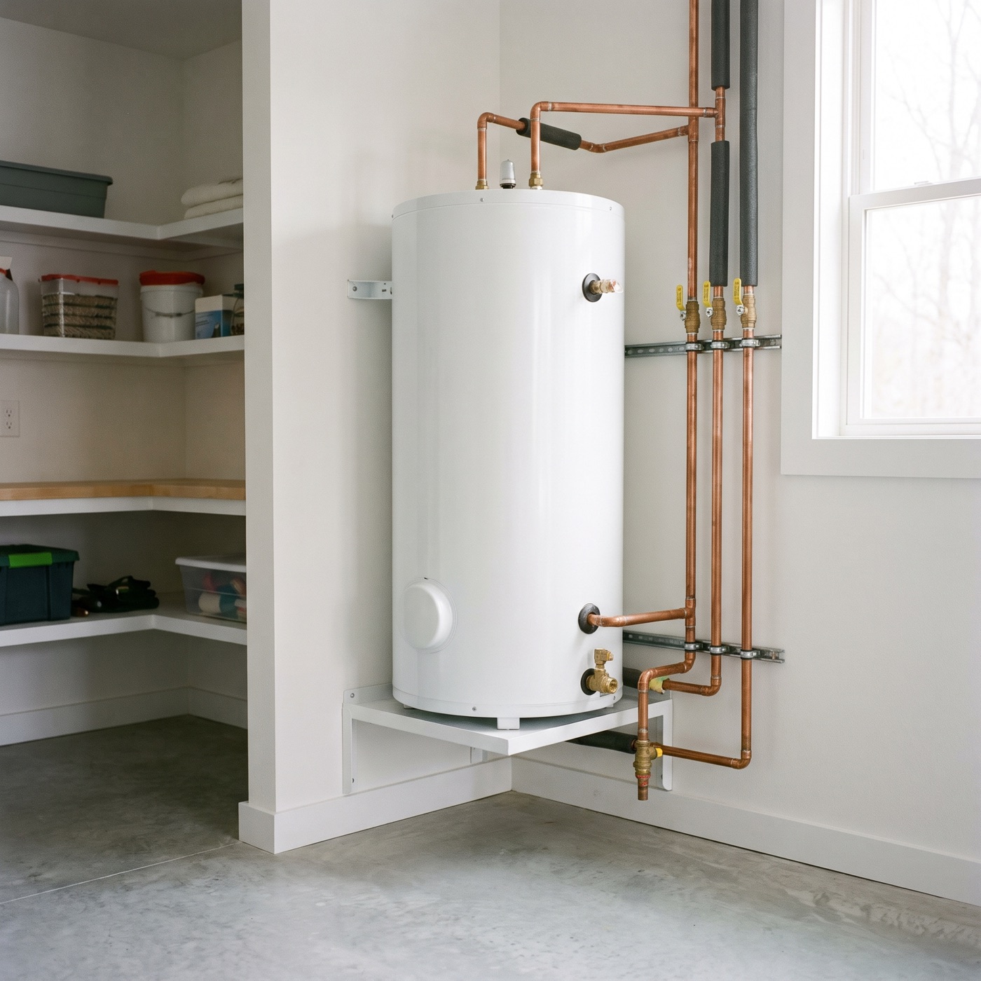 A newly installed water heater tank in a clean utility room