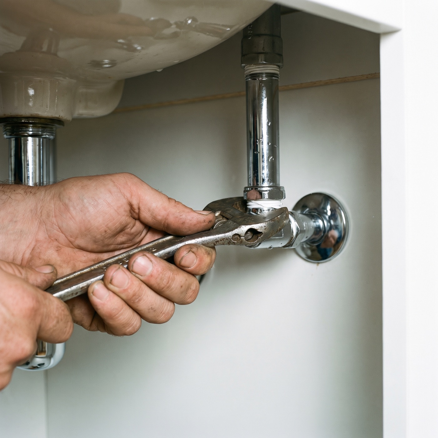 A plumber's hand with a wrench on a shutoff valve