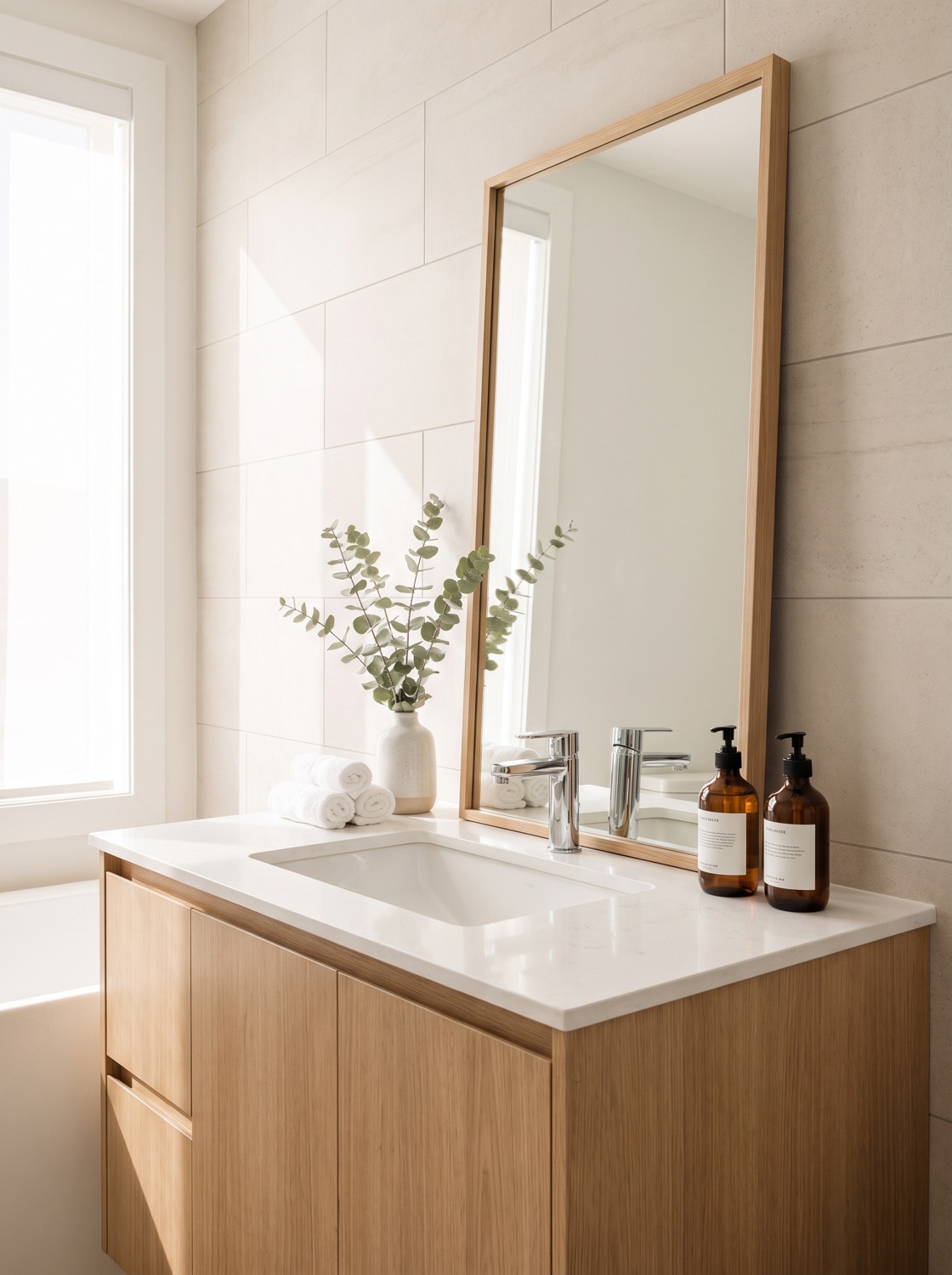 A modern vanity and sink in a finished bathroom