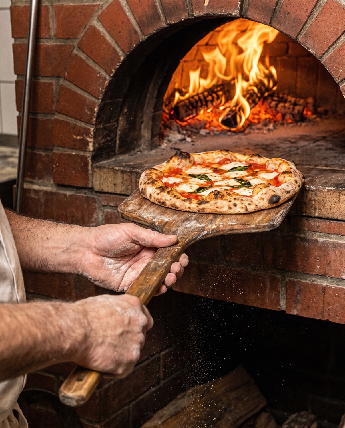 Pulling a pizza from the wood-fired oven