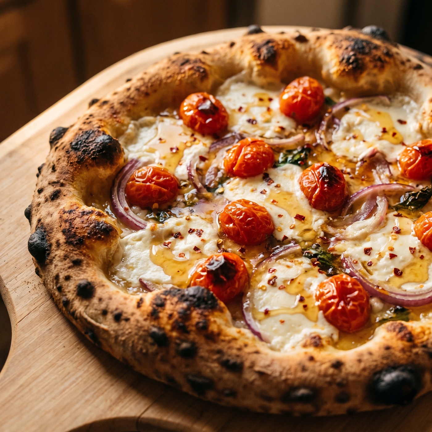 A wood-fired pizza with fresh toppings