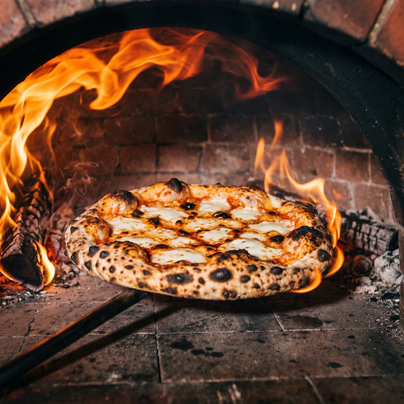 A pizza cooking in the wood-fired oven flames