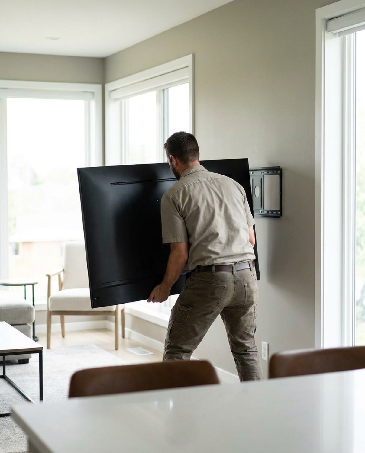 A homeowner and a handyman shaking hands in a residential doorway after a completed job