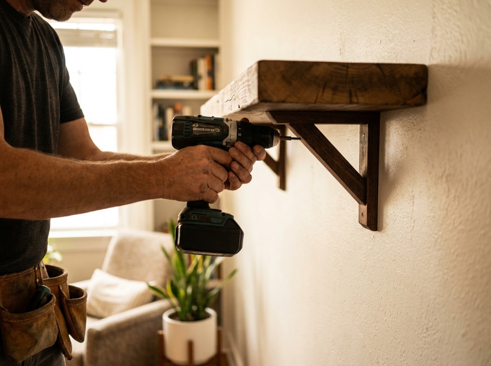 Hands using a cordless drill to fasten a floating wood shelf to a living room wall