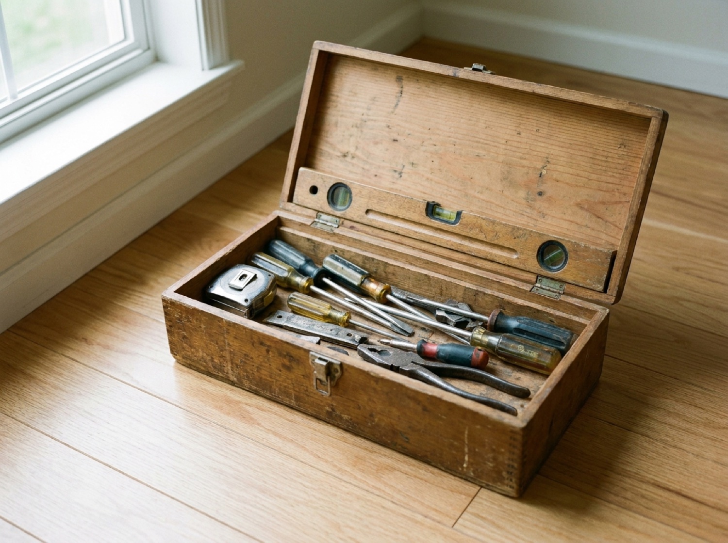 An open handyman toolbox on a hardwood floor with screwdrivers, a tape measure, pliers, and a level