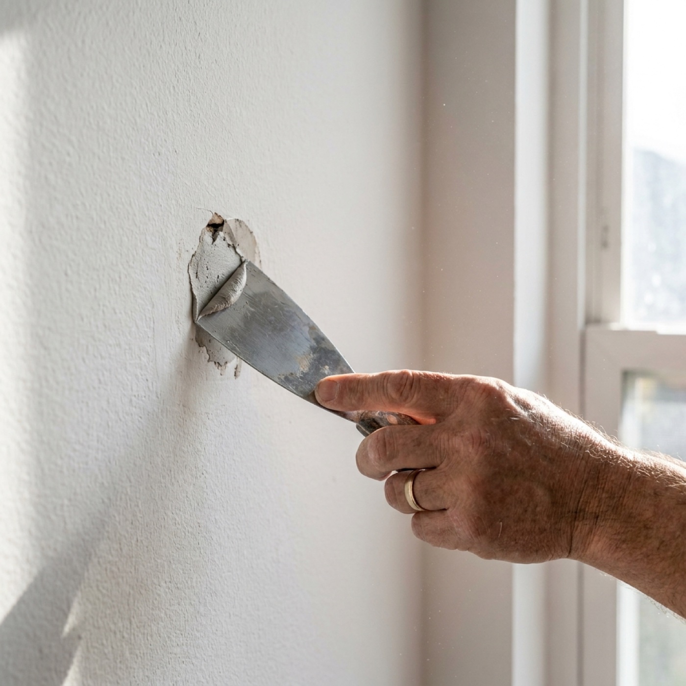 A hand smoothing filler over a small hole in a white interior wall with a putty knife