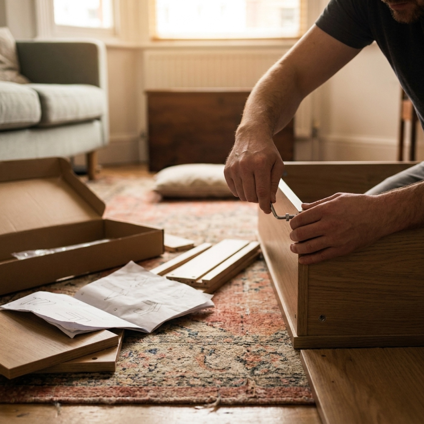 A handyman lifting a flat screen television onto a wall bracket in a living room
