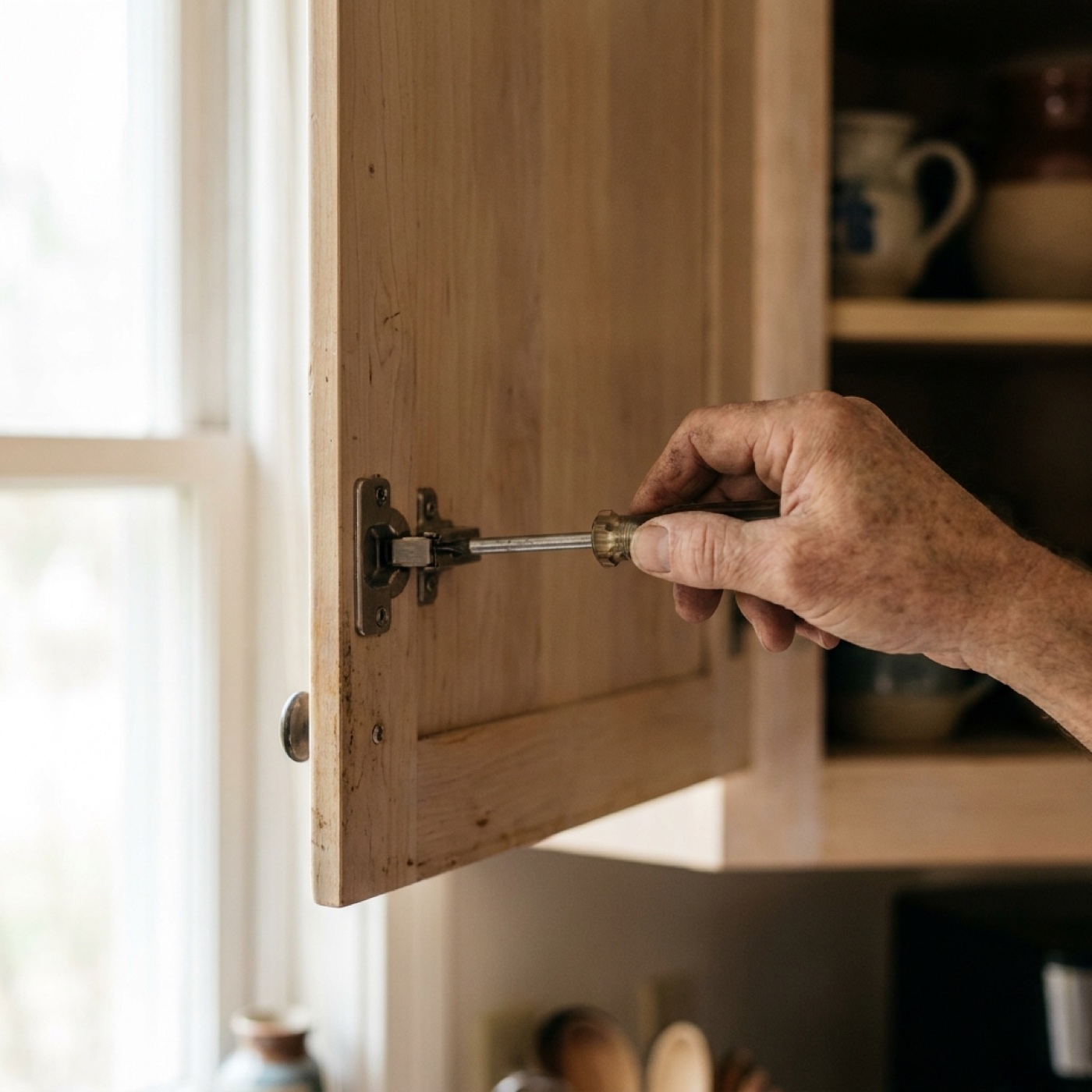Hands tightening a bolt with an allen key while assembling flat pack furniture