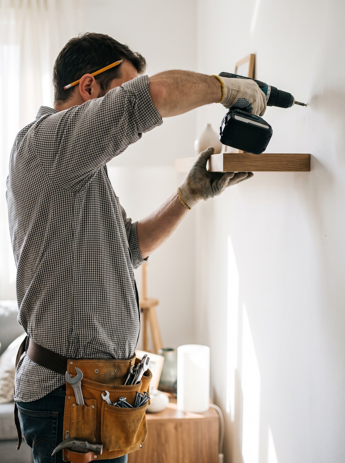 A handyman mounting a floating shelf on a wall