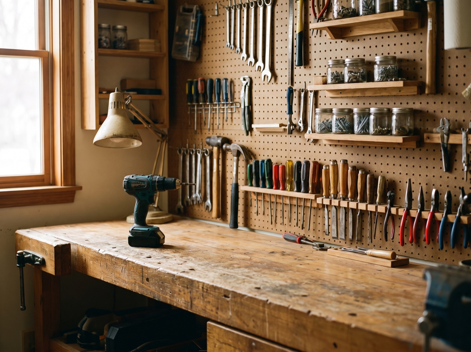 A tidy, organized home workshop bench