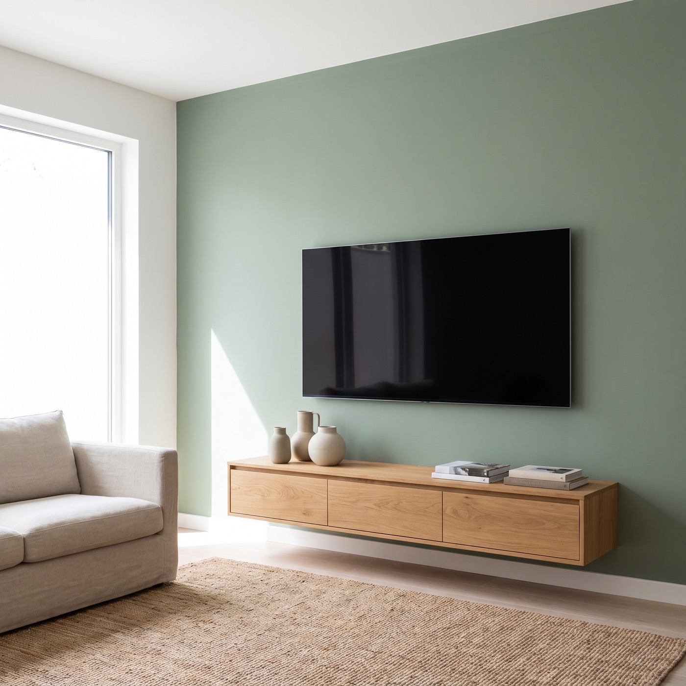 A neatly wall-mounted flat screen TV with hidden cables