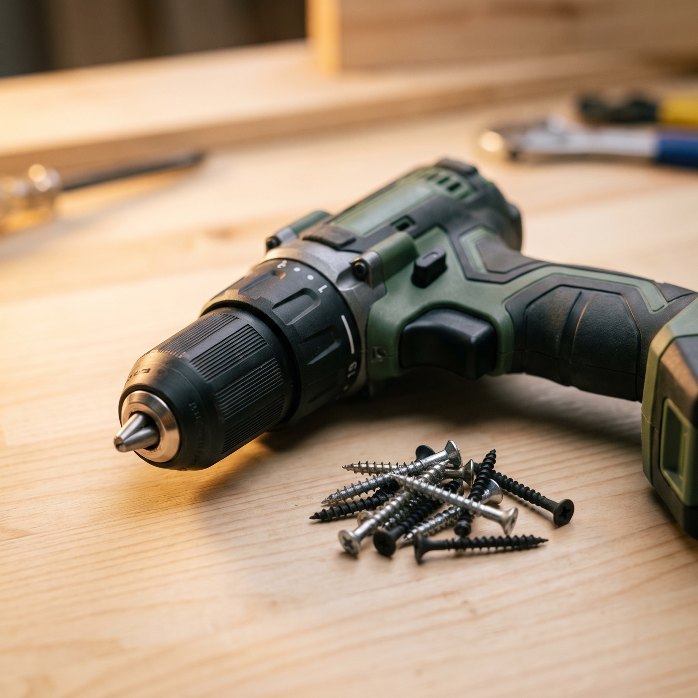 A cordless drill and screws on a clean workbench