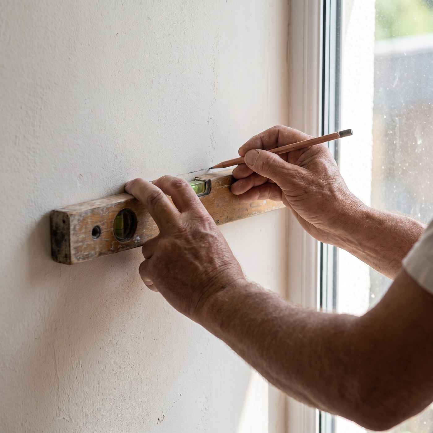 Hands using a level to hang a shelf straight