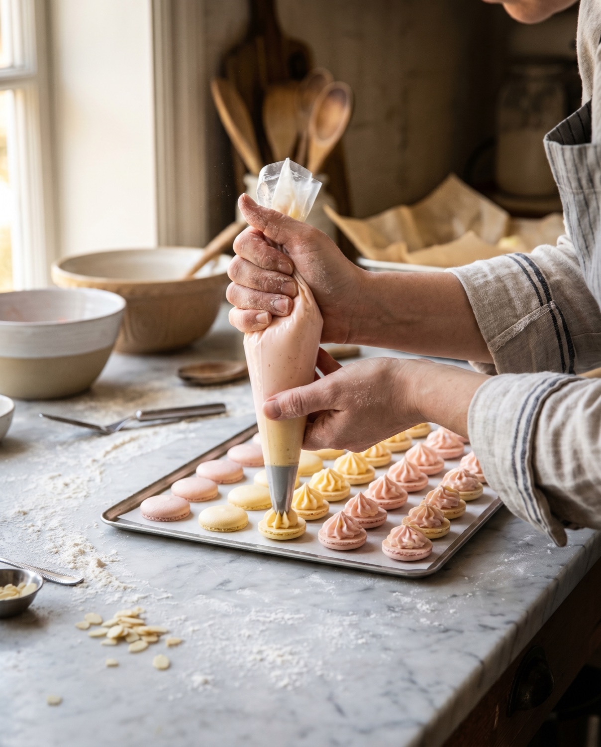 A pastry chef piping cream onto rows of pastel macaron shells on a flour-dusted marble counter