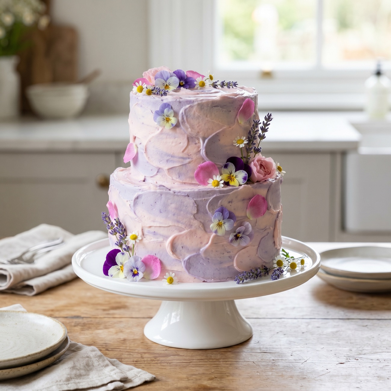 A two-tier pastel celebration cake finished with edible flowers