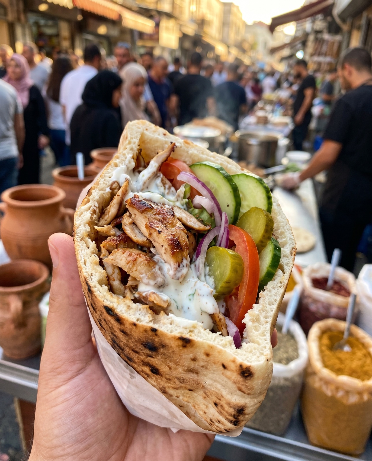 Shawarma, stacked. Pitas, packed.