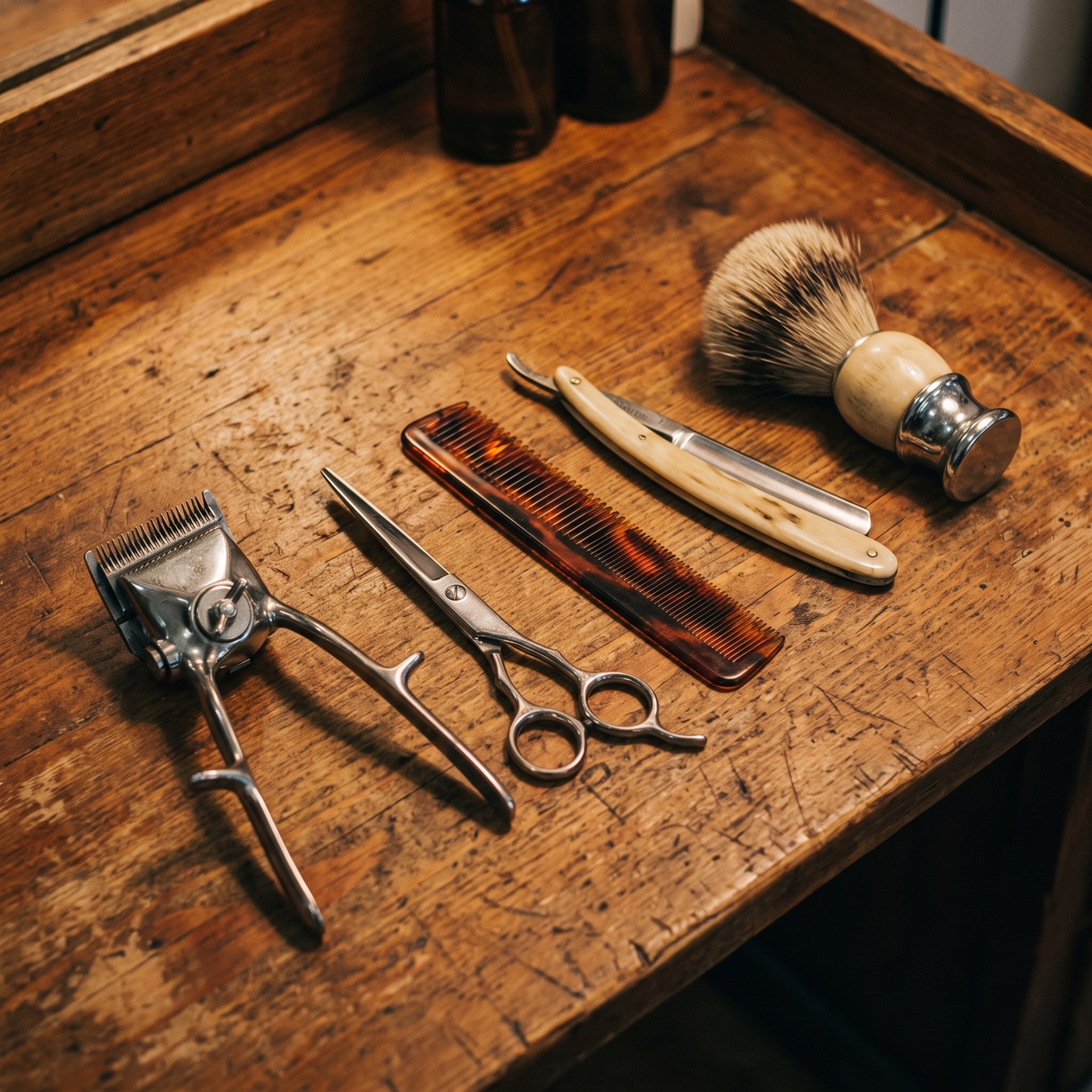Barber tools, clippers and straight razor