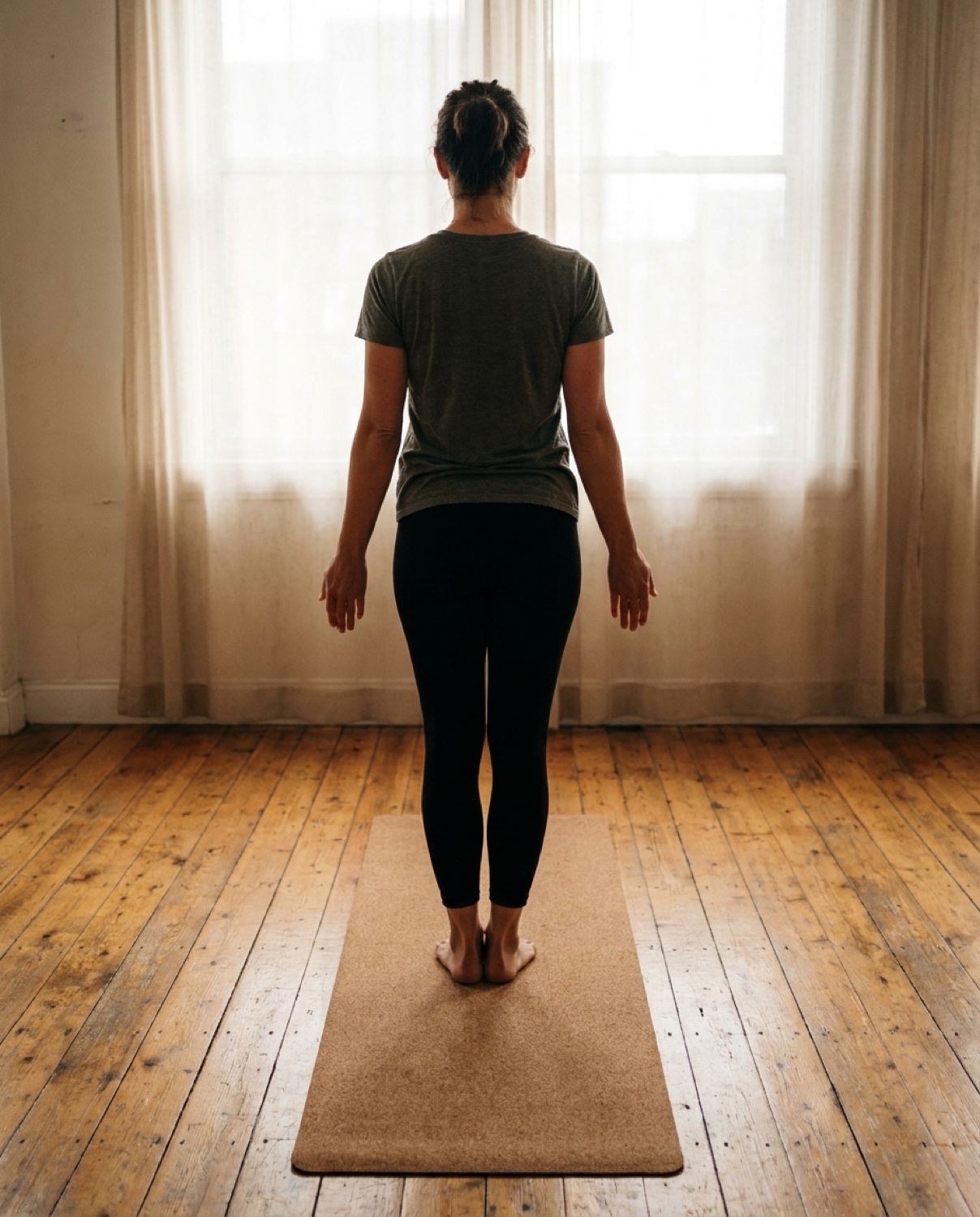 A slow, deliberate standing posture in the calm home studio, with warm daylight through the window