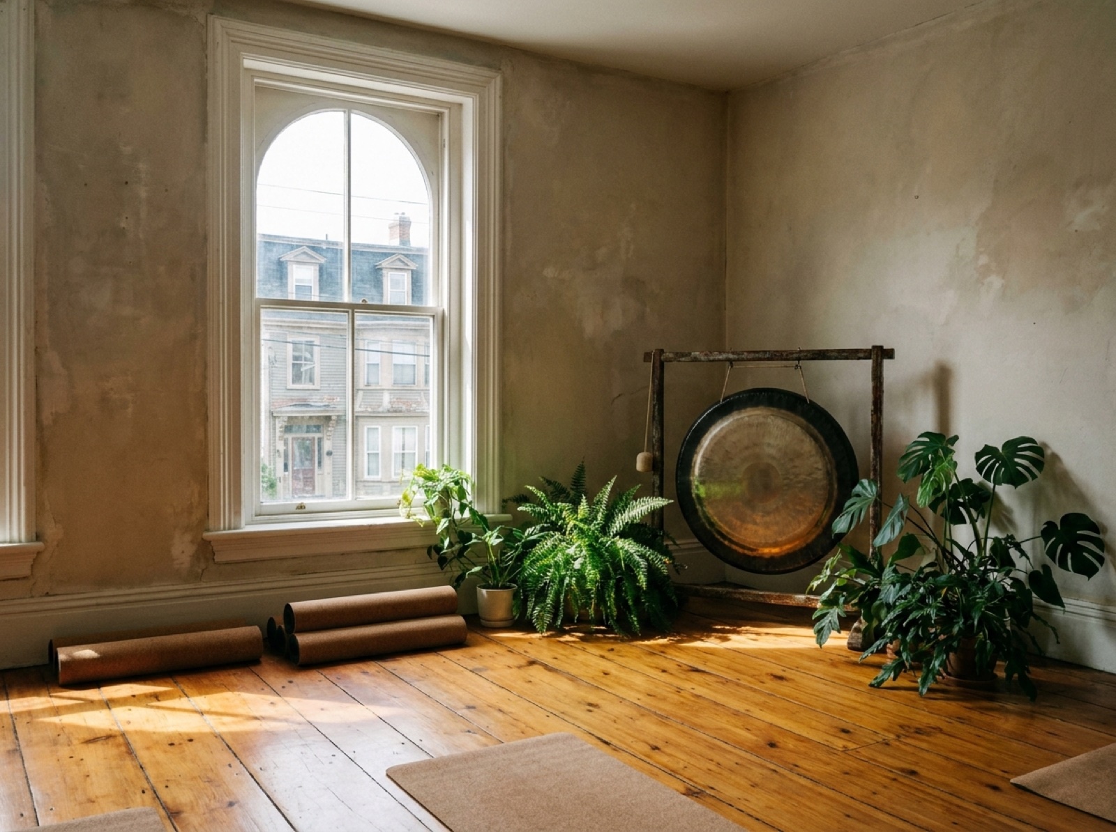 Sunlit home yoga studio in a North End Halifax heritage house, with warm wood floors, rolled cork mats, and a bronze gong