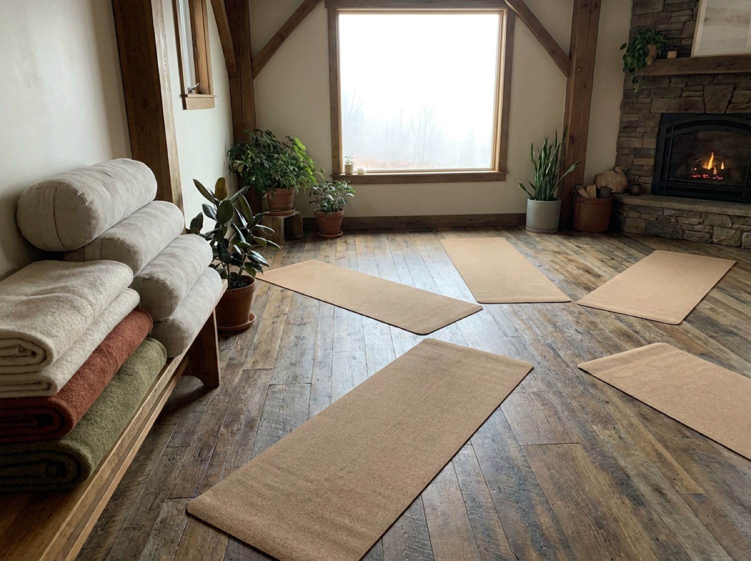 A small circle of cork mats and folded wool blankets in the quiet home studio