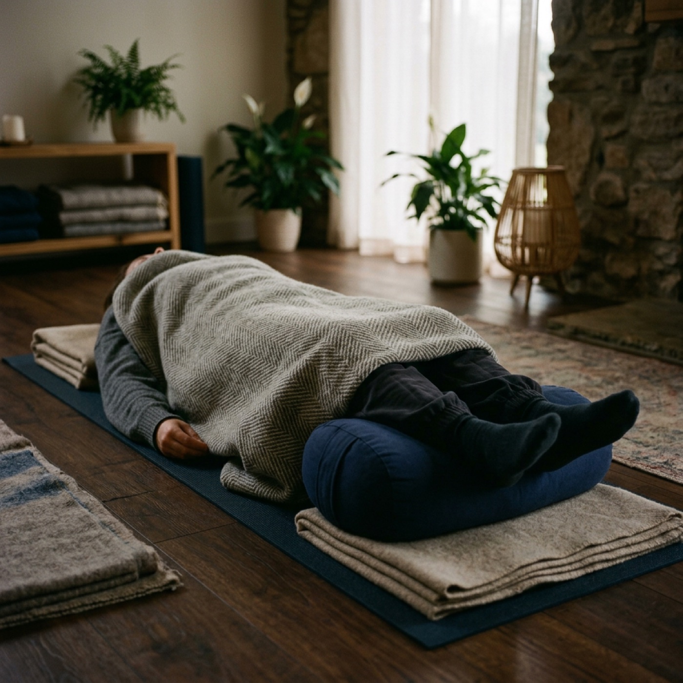 A fully supported restorative pose with a bolster under the knees and a soft wool blanket