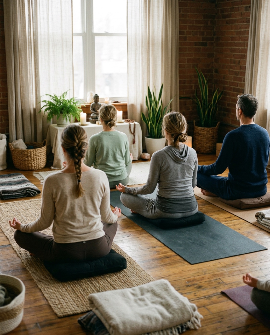 A grounded standing Hatha posture on a cork mat by the window
