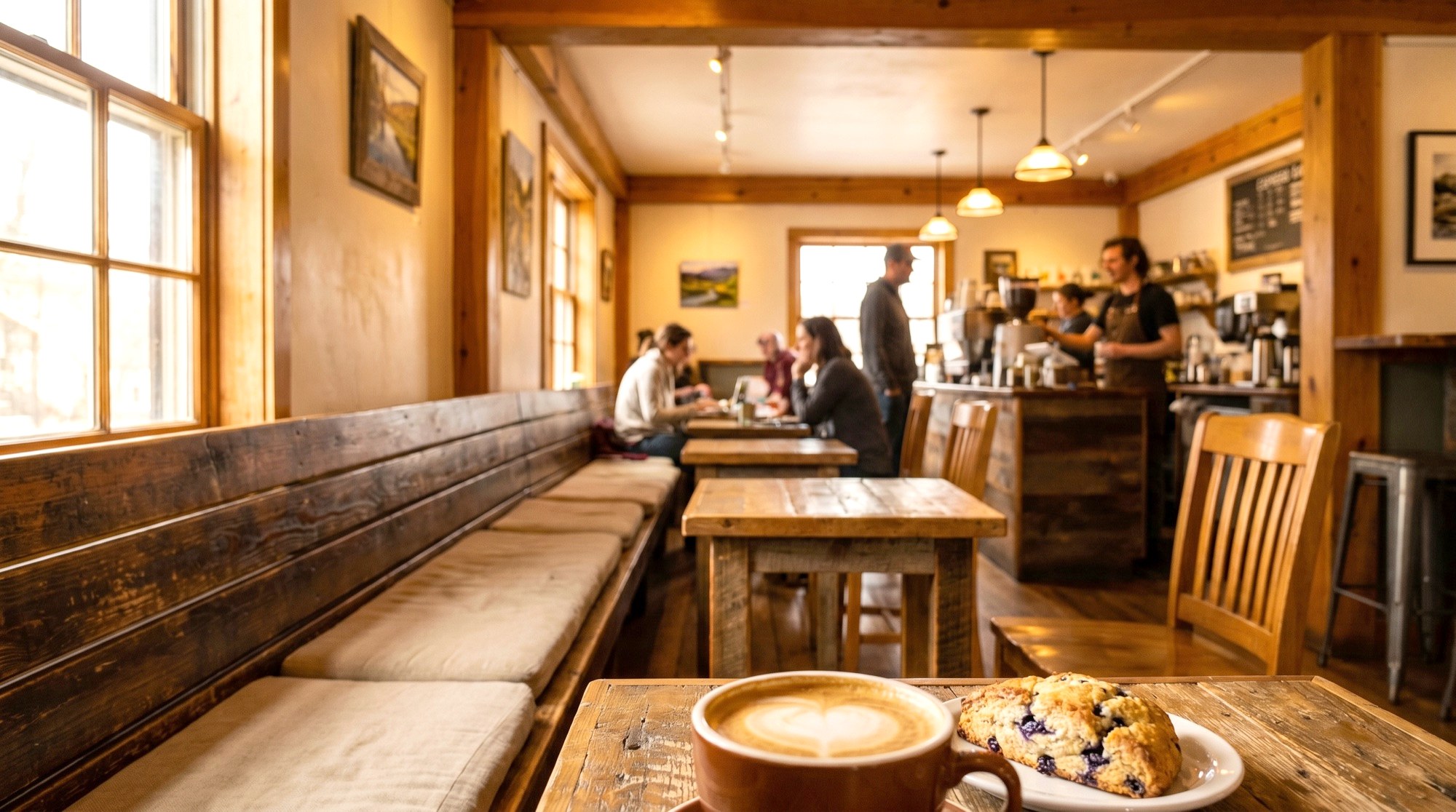 An iced matcha latte on a worn wooden bar at Ramblers, with a vintage turntable, tube amplifier and a wall of vinyl records glowing behind