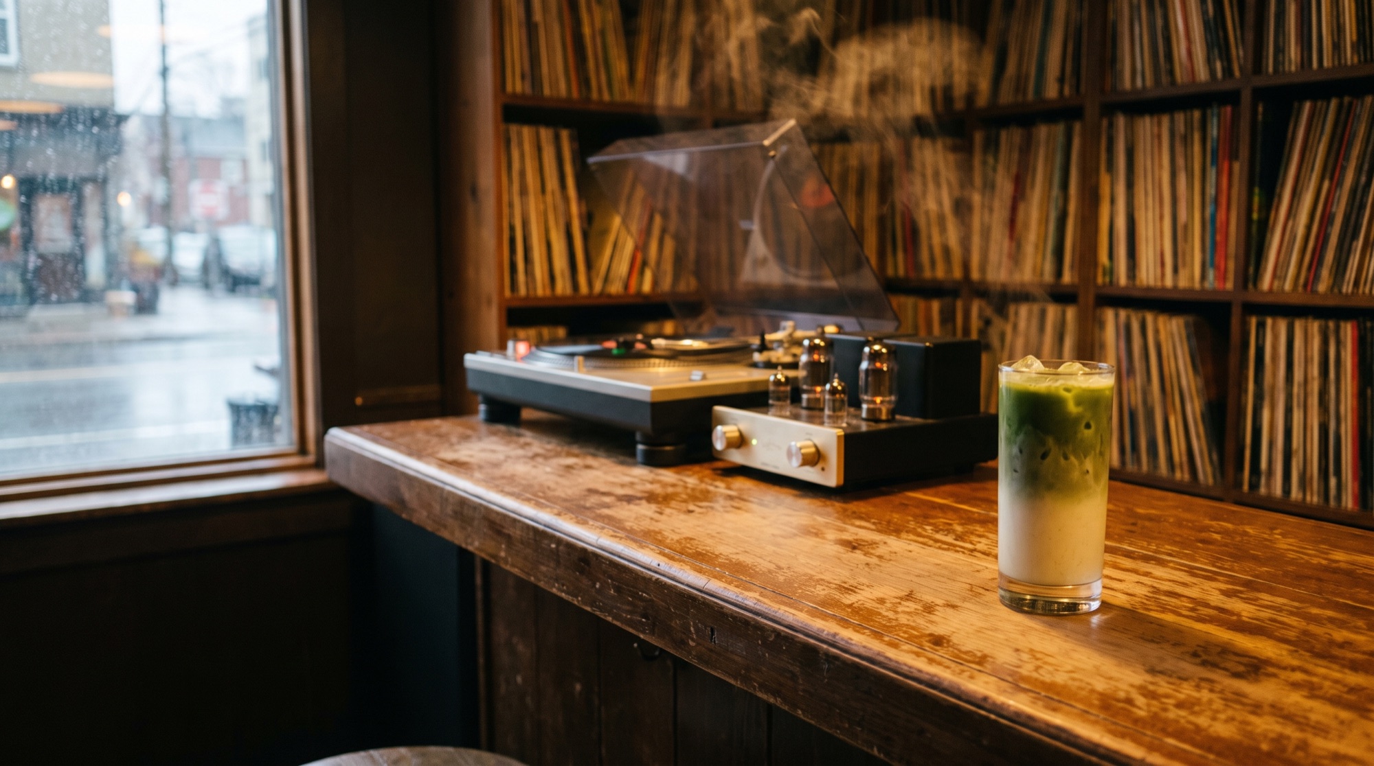An iced matcha latte on a worn wooden bar at Rooms Coffee, with a vintage turntable, tube amplifier and a wall of vinyl records glowing behind