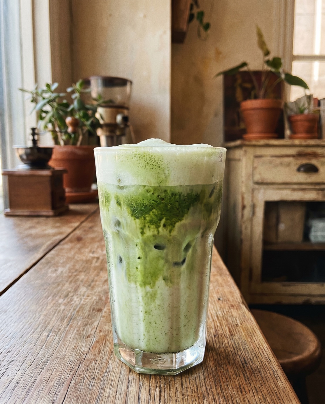 An iced matcha latte in a clear glass, vivid green over milk and ice