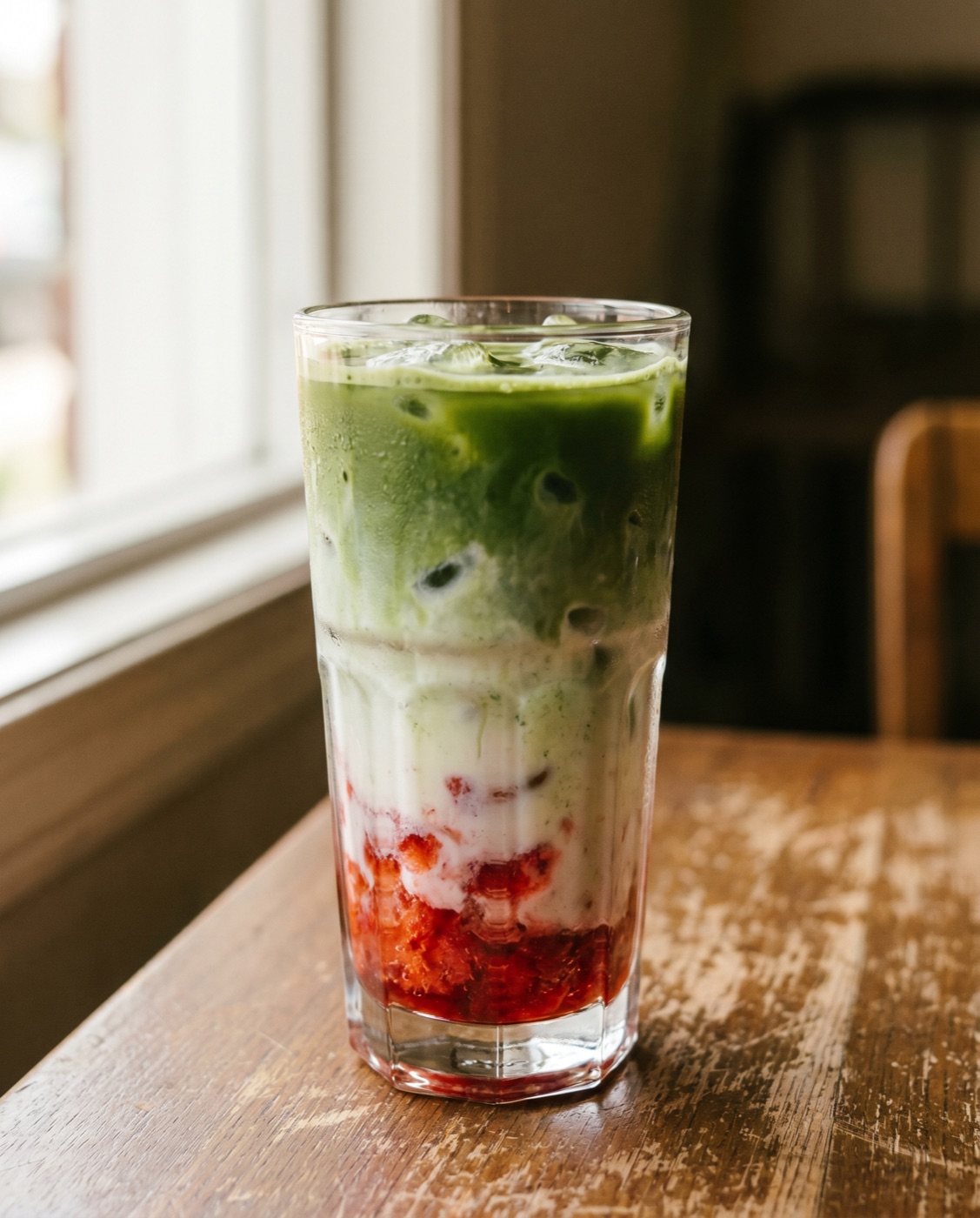 A strawberry matcha latte with crushed strawberries layered under green matcha