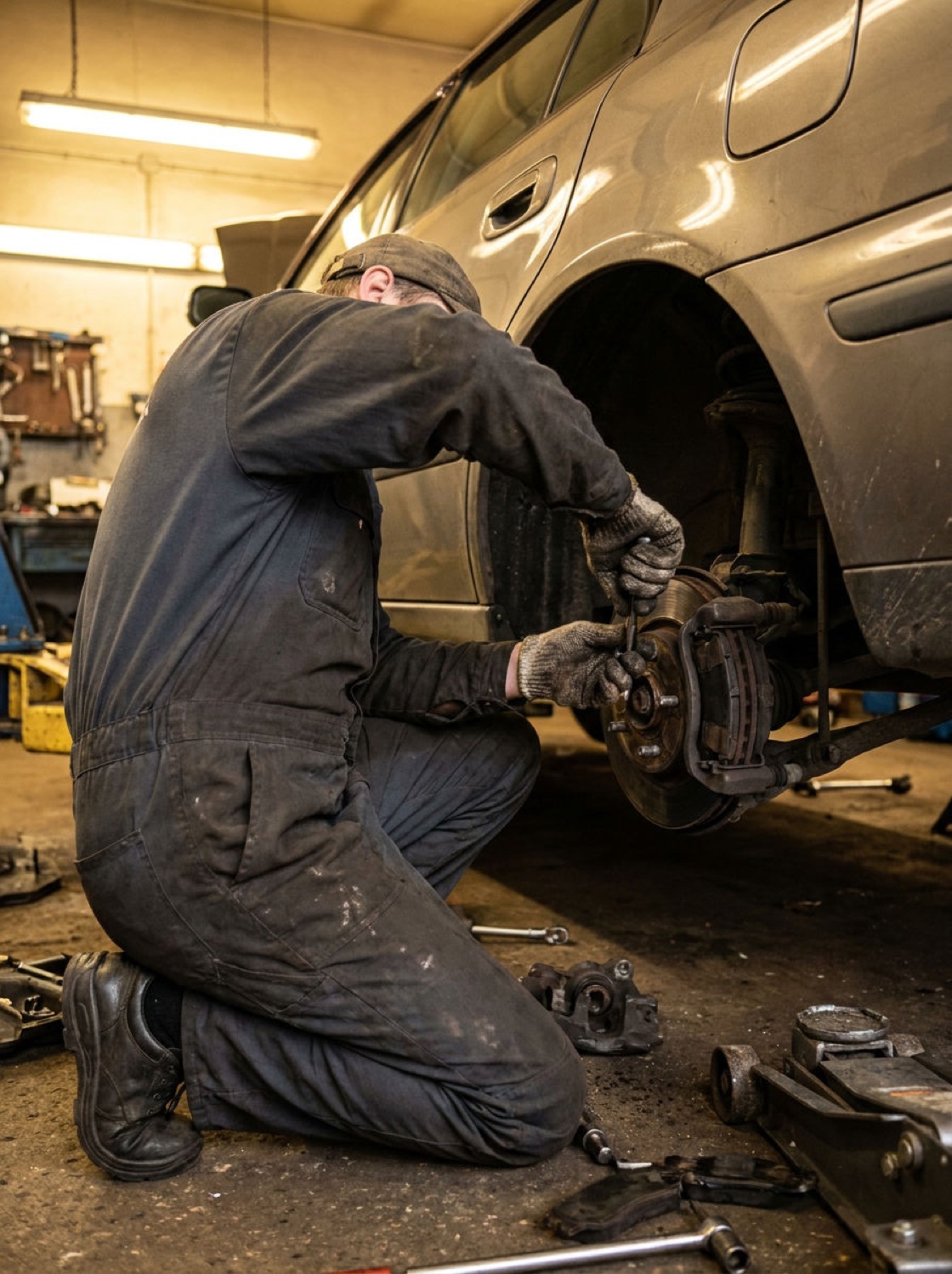 A mechanic working under the open hood of a car in the shop