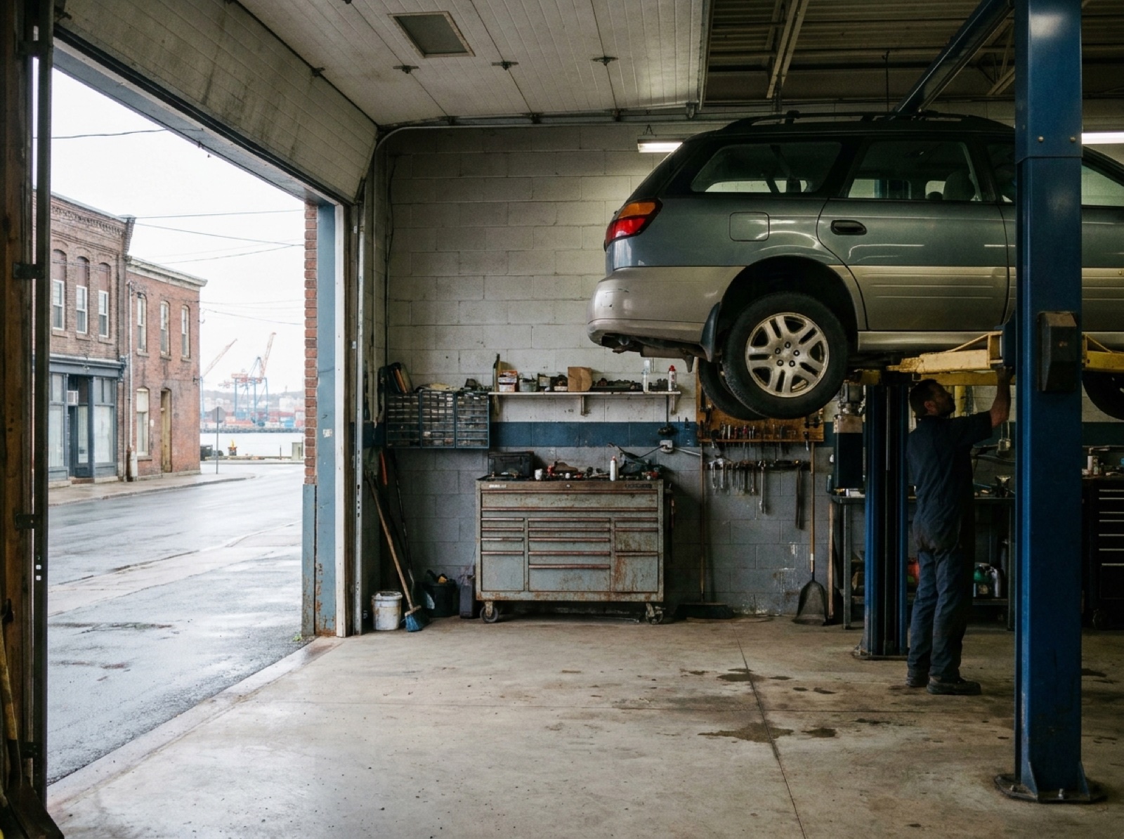 A vehicle raised on a two-post hoist inside the SamAuto Shop service bay in Halifax