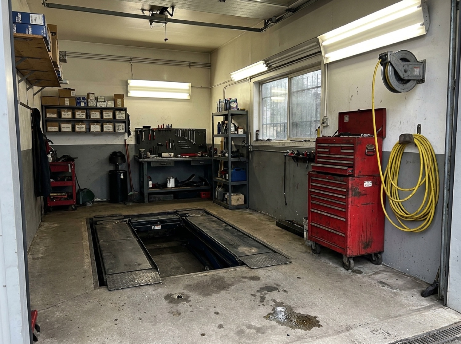 The tidy service bay and rolling tool cabinet inside SamAuto Shop
