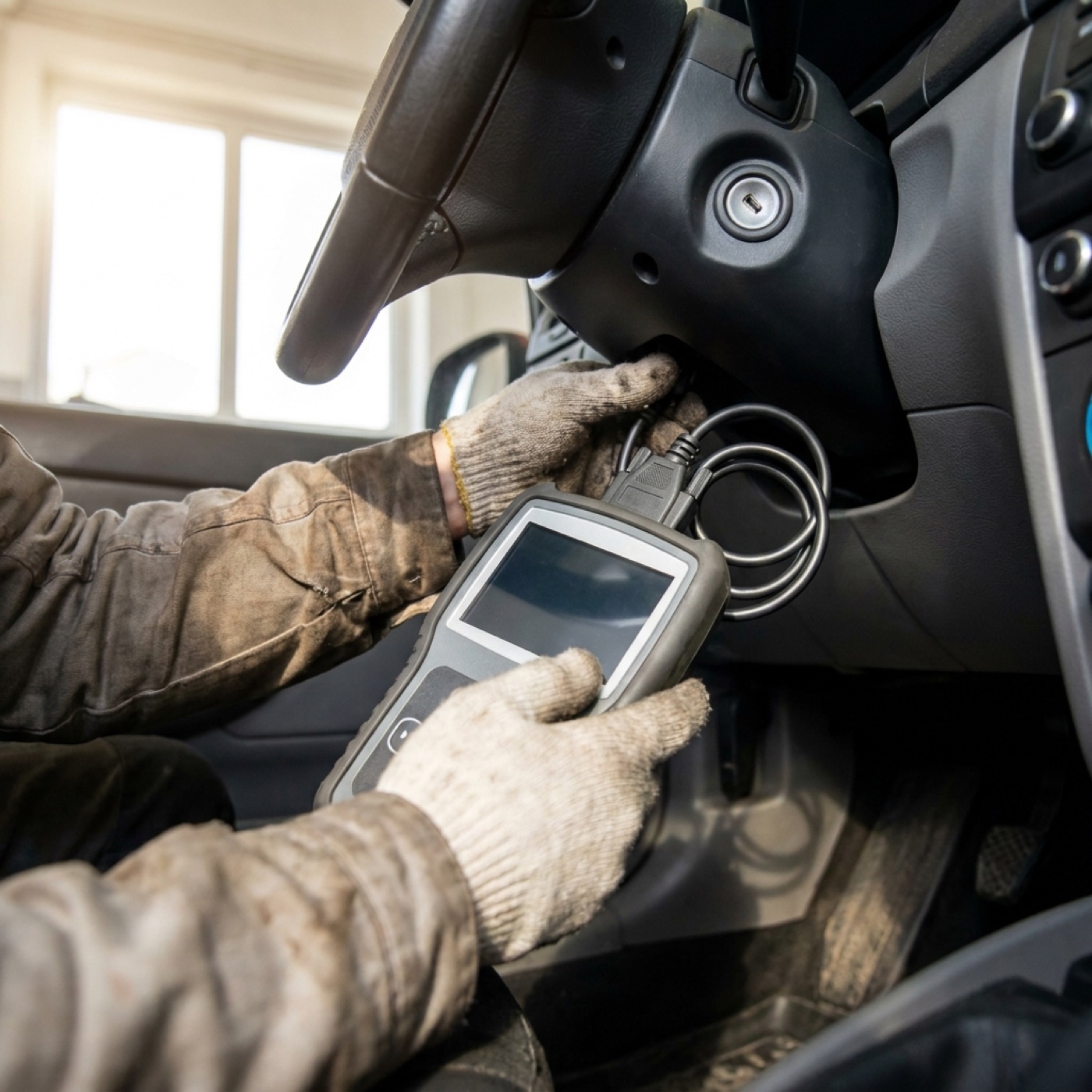 A technician using a diagnostic scan tool under a car dashboard