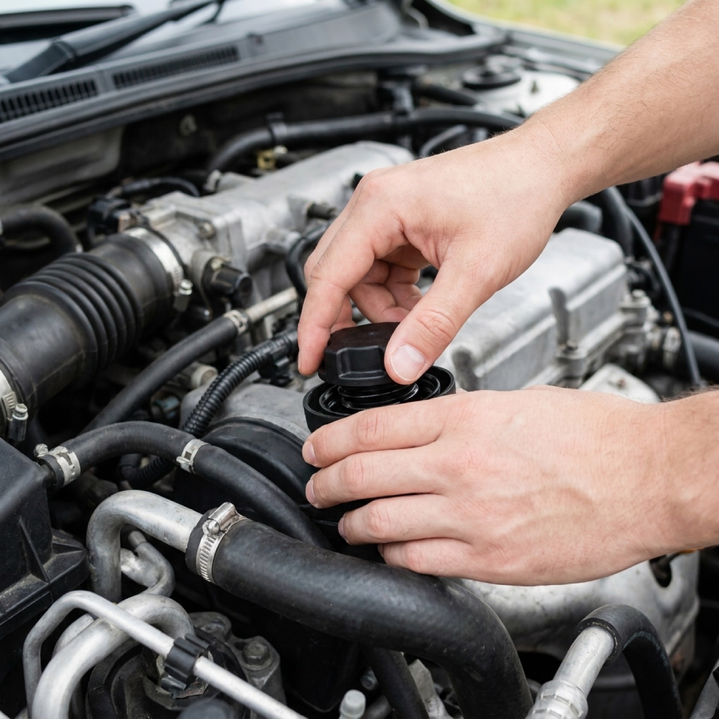 A mechanic checking the engine oil with a dipstick under an open hood